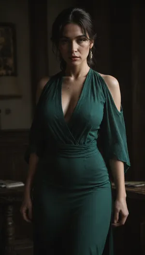 Mongolian 50 years old sexy milf in sexy green dress, very big boobs, cruvy milf body, <lora:dark:.4>