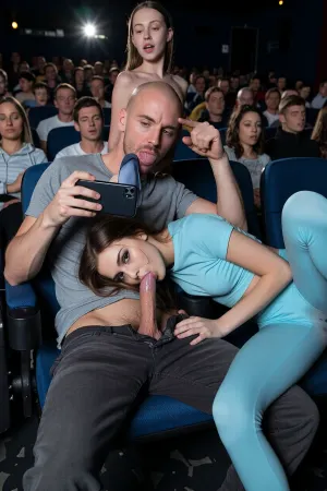score_9, score_8_up, score_7_up, absurd_res, hi_res, average guy wearing casual clothes sitting on chair in a crowded movie_theater with his dick out of his pants, (a 1m80 tall and extreme skinny bony model girl with vivid black eyes sitting on the next chair is bending down to the man's lap to give him a deepthroat blowjob:1.5), the man is selfie filming the girl with her head bobbing on his dick during the blowjob and facial and he is pointing to the blowjob on the selfie, (the anorexic slender girlfriend is wearing tight track shirt and tight light blue leggings, her legs spread wide open), the man roughly pushes the girl's cum splattered head down his lap, her cum filled head is on to the man's lap for a perfect deepthroat blowjob, she is concentrate on the blowjob, stealth_sex, stealth blowjob sex, hidden blowjob sex, secret blowjob sex, party shirt, the girl's looks shy, pleasuring, exhausted, rolling_eyes, the girl is sucking his dick trying to not get discovered, detailed face, intricate details, hyperdetailed, very aesthetic, motion_lines