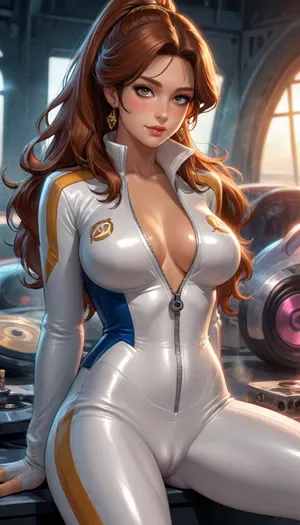 ((reiq style)), from head to thighs, beautiful woman, Caterina Sforza from Assassin's Creed II, pale skin, high ponytail, gorgeous, masterpiece, close up, (sexy pose), sweat, eyes looking at viewer, smile, blushing, 1girl, at racing track, (strong sunlight), long hair, mid parted hair, brown tan skin, (wearing yellow vinyl racing suit, partly unzipped:1.3), (camel-toe:1.2), (big breasts), (intense blushing), steam, solo