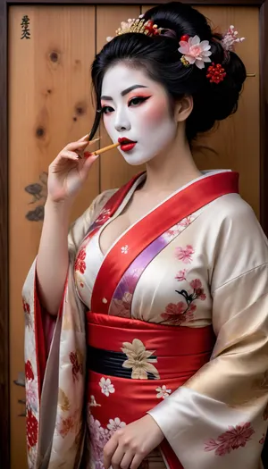 ((Raiq art style)), A sexy Japanese geisha woman from Edo, big tits, ((tits covered by traditional japanese geisha clothes)), depicted on a wood panel, (1.4), in the ukiyo-e style, (wearing traditional japanese geisha clothes), standing while blowing a kiss, large, breasts, big, boobs, huge, tits, fflix-geisha, Blowing, A, Kiss, From, Hand, SakimiStyle, ArtStyle, <lora:bombshell_v2:.4>, <lora:Fflix-Geisha:1.4>, <lora:Blow_A_Kiss_-_By_DICE-000007:1>, <lora:SakimiArtStyleXL_v2.0:2>