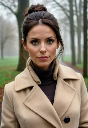 (masterpiece, best quality:1.2), 1 german 40yo woman, (she wears a beige coat:1.4), longest dark brunette hair, all hair tied tightly into a high ponytail, green eyes, outdoors, in foggy cold park, photorealism, clothes, <lora:style_lora_realis:.5>, <lora:Detailed_female_hands-000001:.5>