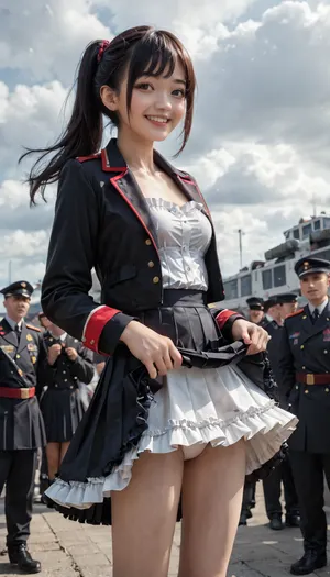 1girl of 27 years old, cute asian, smile, (slim body, slim legs, slim thigh:1.02), (black military uniform with simple red lines, matte black short jacket, long pleated matte black skirt:1.06), (frills skirt, many under skirt of white, peticoat:1.22), windy, (her skirt is fluttering up wildly by updraft, lifted up her skirt, white sexy panty, ultra-detailed panty:1.24), volumy hair, ponytail with ribbon, (very long straight black hair that reached her thigh:1.05), black eyes, (her breast of E-cups, bouncing breasts, topless:1.11), spread hands, raised hands, (military, warship hanger:1.05), (realistic:1.32), <lora:ClearKing_XL_v1_AutoRunMech:1.2>, <lora:HandFineTuning_XL:1>, <lora:japanese_girl_v1.1:1.4>, <lora:cute_girls_xl_v1:1.6>