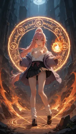(Cinematic), Japanese tiny model of 18 years old, beautiful extacy face, witch charactor, pink nipples, slim legs, hn tanuki, loli_child, freckles, pretty face, innocent look, childlike proportions, flat chested, small breasts, petite, tiny, short, chibi, pastel streak hair, (oversized hoodie offshoulder), pleats skirt, (She was attacked by magic from another witch and her clothes is tattered torn:1.2), (her clothes jagged and ripped), (skin peeks through the gaps in the torn clothing:1.3), flying using magical power while riding a big magic circle, looking her breast of E-cups, very long straight hair, high-ponytail, white panty, loose socks, black shoes, lift up skirt, battlefield of magic fantasy world, duel, magical, fire, magic, spell, fireball, element, water, ball, orb, air, wind, earth, rock, plant, sand, extreme realism, <lora:tornclothesv6-8:2>, <lora:ClearHand-V2:.9>, <lora:Wizards__Mages:1.4>, <lora:Magical duel - SDXL v2.0:.4>