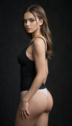 Side view. Sexy pose. Realistic picture. Beautiful woman. 40yo woman. Wearing panties and tank top, white laced panties and black tank top. Very long dark brown hair, medieval hairstyle. Bright brown eyes. Soft skin. Curvy body. Medium natural round ass. Small boobs, natural breasts. Black background. High contrast. Curvy, body, <lora:b8174d41-8ba7-4318-bc14-53ee7e353d91.TA_trained:.8>, braided, side, <lora:Braided_Sides_V1:.8>