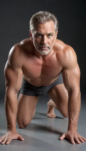 Eye contact. A hyper-realistic, high-fashion editorial photograph of a confident, full-figured mature 57yo silver daddy men with light brown hair. He is captured in a graceful figure-study pose on all fours on a polished studio floor, viewed from a rear three-quarter angle as he looks back over her shoulder with a poised expression. He wears a black trunks. A subtle monochromatic set. Shot with an 85mm lens, featuring dramatic top-down cinematic lighting that highlights natural skin textures and the soft contours of her physique. 8k resolution, raw photo quality., XL_NEG