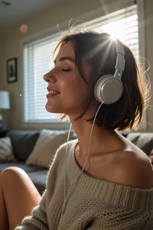 cute woman, short hair, relaxed casual pose, soft contented smile, eyes closed, living room, window, window blinds, dramatic light, depth of field, bokeh, dynamic angle, listening to music, headphones, focus on blissful and contended face, (hair glow lighting, hdr lens flare, crepuscular lighting through window, light motes), (tight closeup portrait, face bathed in sunlight:1.4), (layered composition with defined foreground and background, shallow depth of field, soft warm surreal lighting), (girl-next-door beauty with natural charm), (comfortable casual attire, loose off the shoulder sweater)