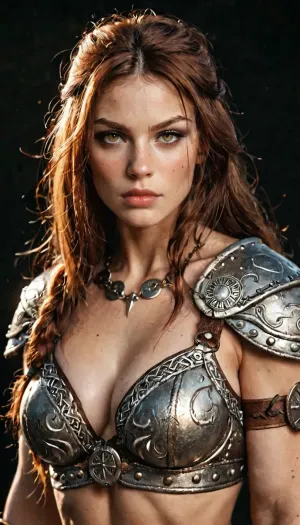 Valhalla-Woman, Viking, Valhalla, Viking-Woman, sexy viking soldier, wearing viking armor, long hairs, serious look, beauty face, perfect face, perfect viking sexy body, perfect skinn, perfect eyes, perfect breasts, erotical pose, sexy pose, revealing small breasts, brunette long hair, perfect real face, high detailed face, perfect hands, viking beauty, strict, breasts, cutout
