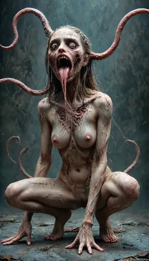 A realistic photo of a dead mutant girl, she is a monster millipede, many knee-jointed tentacles with hooks and suckers protrude from her back. She has greenish-gray skin, with many ulcers, open wounds, scratches and injuries. Pus liquid oozes from the wounds and ulcers. The fingers on her hands are like those of a dead person. Very long claws instead of nails. The elongated, predatory fingers of the monster. The mouth has pointed, mutated teeth-fangs. a monster girl with big round tits, a perfect round ass, squatting, intimidating, many eyes, detailed, (very long tongue:1.4), hanging out of her mouth. big round tits, perfect round ass, squatting down, terrifying, scary many eyes, gossghost, open, mouth, biomechgothic, Dbeauty, cg_darkscifi, <lora:ab0m:2>, <lora:gossghost:2>, <lora:BiomechGothic:2>, <lora:Dead_Beauty:2>, <lora:darkscifi_CG_sdxl:2>