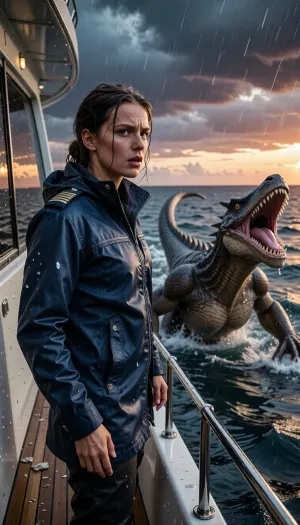 An epic, cinematic photograph taken from the stern of a luxury yacht at sunset. A captain, standing on the rain-swept deck, her face a mixture of shock and determination, stares out at the ocean. In the heat of the moment, she wears a high-end navy blue waterproof technical jacket with braided epaulettes. Her soaked hair is pulled back. She stands on a teak deck, just beside the yacht's cabin. Swimming violently in the deep, turbulent blue-gray waters, right next to the yacht, a colossal and terrifying reptilian monster, its jaws gaping and teeth razor-sharp, leaps from the water in an awe-inspiring jet. The monster's ancient, damp scales gleam. The sky, in a dramatic, stormy sunset, is streaked with dark clouds tinged with orange and purple. The air is thick with sea spray and rain. Dynamic composition, high contrast, cinematic lighting, extreme detail on his technical jacket and the monster's skin, hyperrealistic water physics.