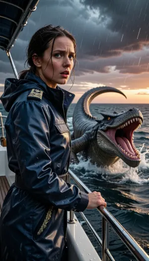 An epic, cinematic photograph taken from the bow of a luxury yacht at sunset. A captain, standing on the rain-swept deck, her face a mixture of shock and determination, stares out at the ocean. In the heat of the moment, she wears a high-end, navy blue waterproof technical jacket with braided epaulettes. Her soaked hair is pulled back, and she grips the steel railing tightly. Swimming violently in the deep, turbulent blue-gray waters just beside the yacht, a colossal, terrifying reptilian monster, its jaws gaping and teeth razor-sharp, leaps from the water in an awe-inspiring burst. The monster's ancient, damp scales gleam. The sky, in a dramatic, stormy sunset, is streaked with dark clouds tinged with orange and purple. The air is thick with sea spray and rain. Dynamic composition, high contrast, cinematic lighting, extreme detail on his technical jacket and the monster's skin, hyperrealistic water physics.