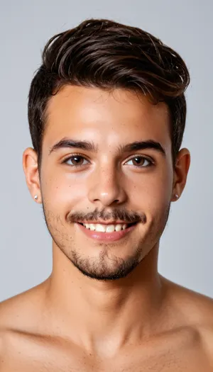 photorealistic portrait of a handsome young man in his early 20s

face shape, oval with slightly defined jawline and soft angles, high cheekbones, smooth olive-tanned skin with natural subtle texture and light sheen, light natural stubble on cheeks and jaw, eyes, dark brown almond-shaped eyes, same exact eye shape and spacing, thick dark natural eyebrows with slight arch, long dark eyelashes, direct confident gaze, nose, straight nose with soft rounded tip, natural width, mouth and lips, full lower lip, well-defined cupid’s bow on upper lip, same exact lip shape and thickness, charming wide smile showing straight white upper teeth, slight smile lines at corners of mouth, facial hair, thick dark mustache with natural shape covering upper lip, connected to a trimmed dark soul patch and small goatee under the bottom lip, same exact facial hair pattern and density, clean shaven cheeks, hair, jet black thick voluminous hair, same exact hairstyle, voluminous wavy textured top with natural movement and slight forward volume, hair has visible individual strands and soft waves, low to mid skin fade on both sides and back, clean tapered fade line, short faded sides blending into longer top, natural hairline across forehead, slightly glossy healthy hair appearance, precise modern men’s haircut, ears, normal sized ears close to head, visible on sides, highly detailed skin texture, realistic pores, subtle skin imperfections, sharp focus on face and hair, intricate hair strands, exact likeness, same exact man, no morphing, no generic pretty boy, photorealistic, 8k detail, natural daylight lighting on face, photo, portrait, <lora:real-humans-PublicPrompts:.8>
