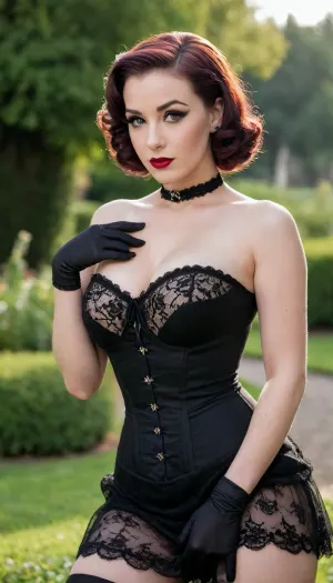 Gorgeous pin-up model, cute, gentle, goth, German by origin, sweet face, thick makeup, small nose, large, full lips, thick scarlet lipstick, thick dark eyeshadow, sexy black lace dress, black lace, sexuality and beauty, stockings, corset, checker, high gloves, large natural breasts, push-up, black veil, detailed face, detailed iris, park, greenery, bushes in the background.
