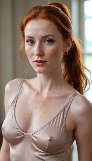 Gorgeous, cute tall redhead woman, loose fitting silk, shiny silk, delicate fabric, sleeveless, deep cleavage, stockings, perfect slim body, thin hourglass figure, skinny arms, looking at viewer, seductive pose, blurry background, realistic, realism, realistic skin, freckles, dimples, cute tall, redhead half ponytail, messy hair, 1woman, braless, Wearing, clothes, that, make, sense, with, Braless>, <lora:bralessSDXL_v1_00022:.8>