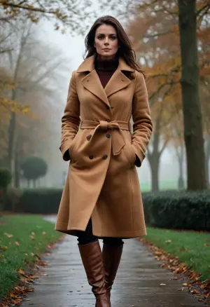 (masterpiece, best quality:1.2), 1 german 40yo woman, (she wears a caramel coat and overknee boots, no underwear:1.4), longest dark brunette hair, all hair tied tightly into a high bun, green eyes, outdoors, in foggy gloomy cold park, photorealism, clothes, <lora:style_lora_realis:.5>, <lora:Detailed_female_hands-000001:.5>
