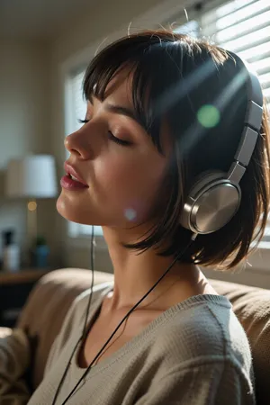 cute woman, short hair, relaxed casual pose, soft contented smile, eyes closed, living room, window, window blinds, dramatic light, depth of field, bokeh, dynamic angle, listening to music, headphones, focus on blissful and contended face, (hair glow lighting, hdr backlighting, crepuscular lighting through window, light motes), (tight closeup portrait, face bathed in sunlight:1.4), (layered composition with defined foreground and background, shallow depth of field, soft warm surreal lighting)