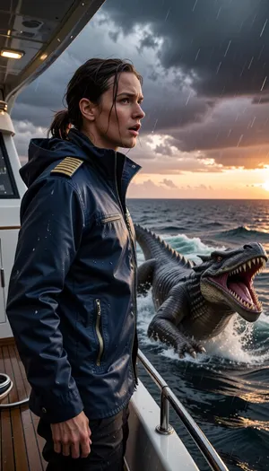 An epic, cinematic photograph taken from the stern of a luxury yacht at sunset. A captain, standing on the rain-swept deck, her face a mixture of shock and determination, stares out at the ocean. In the heat of the moment, she wears a high-end navy blue waterproof technical jacket with braided epaulettes. Her soaked hair is pulled back. She stands on a teak deck, near the yacht's cabin. Swimming violently in the deep, turbulent blue-gray waters, right next to the yacht, a colossal and terrifying reptilian monster, its jaws gaping and teeth razor-sharp, leaps from the water in an awe-inspiring jet. The monster's ancient, damp scales gleam. The sky, in a dramatic, stormy sunset, is streaked with dark clouds tinged with orange and purple. The air is thick with sea spray and rain. Dynamic composition, high contrast, cinematic lighting, extreme detail on his technical jacket and the monster's skin, hyperrealistic water physics.