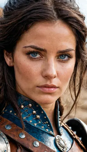 ​Extremely detailed cinematic macro close-up, focusing on the left shoulder and neck area of the female warrior from image_5.png. Head-on shot looking intensely into the camera. The frame captures her intense blue eyes, faint scars on her cheek, and strands of dark hair framing her face. The core focus is the layered leather pauldrons, individual plates show extreme wear, deep scratches, patina on the brass rivets, and the soft, dark fur trim where the armor meets her neck. Subtle warm light from a campfire reflects as a flicker in her eyes and illuminates the pores of her skin and the grain of the weathered leather. Floating dust motes and faint glowing embers drift in the deep background. Shallow depth of field, f/1.4, shot on 100mm macro lens, 8k resolution, photorealistic, moody fantasy aesthetic, hyper-detailed textures of skin, fur, and aged metal.
