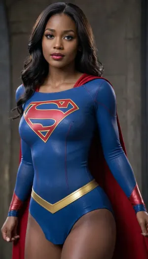 1 African Female, ebony skin, long raven black hair, voluptuous body, big ass, big breasts, Supergirl outfit, wearing, spcc, costume, with, cape, <lora:SDXL1.0_Essenz-series-by-AI_Characters_Outfit_CWSupergirl-v1.0-'Skynet':2>, <lora:HandFineTuning_XL:.8>