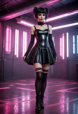 miniature goth girl in high-tech cyberpunk style futuristic dance floor, black hair with pink streaks, pixie haircut, goth makeup, gothic_loli dress, black stockings, dress hem ends higher than stockings elastic band, massive heavy black boots