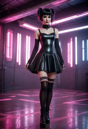 miniature goth girl in high-tech cyberpunk style futuristic dance floor, black hair with pink streaks, pixie haircut, goth makeup, gothic_loli dress, black stockings, dress hem ends higher than stockings elastic band, massive heavy black boots
