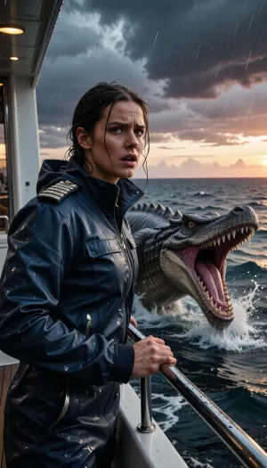 An epic, cinematic photograph taken on the deck of a luxury yacht at sunset, outside its cabin. A captain stands on the rain-swept deck, her face a mixture of shock and determination, staring out at the ocean. In the heat of the moment, she wears a high-end, navy blue waterproof technical jacket with braided epaulettes. Her soaked hair is pulled back, and she grips the steel railing tightly. Swimming violently in the deep, turbulent blue-gray waters just beside the yacht, a colossal, terrifying reptilian monster, its jaws gaping and teeth razor-sharp, leaps from the water in an awe-inspiring burst. The monster's ancient, damp scales gleam. The captain looks in its direction. The sky, in a dramatic, stormy sunset, is streaked with dark clouds tinged with orange and purple. The air is thick with sea spray and rain. Dynamic composition, high contrast, cinematic lighting, extreme detail on his technical jacket and the monster's skin, hyperrealistic water physics.