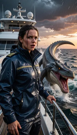An epic, cinematic photograph taken from the bow of a luxury yacht at sunset. A captain stands on the rain-swept deck, her face a mixture of shock and determination, watching at the ocean. In the heat of the moment, she wears a high-end, navy blue waterproof technical jacket with braided epaulettes. Her soaked hair is pulled back, and she grips the steel railing tightly. Bursting violently from the deep, turbulent blue-gray waters just beside the yacht, a colossal and terrifying reptilian leviathan, its jaws gaping and teeth razor-sharp, leaps from the water in an awe-inspiring jet. The monster's ancient, damp scales gleam. Behind it rises the sleek, modern white structure of the yacht, crowned with satellite domes. The sky, a dramatic, stormy sunset, is streaked with dark clouds tinged with orange and purple. The air is thick with sea spray and rain. Dynamic composition, high contrast, cinematic lighting, extreme detail on his technical jacket and the monster's skin, hyperrealistic water physics.
