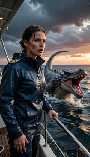 An epic, cinematic photograph taken from the stern of a luxury yacht at sunset. A captain, standing on the rain-swept deck, her face a mixture of shock and determination, stares out at the ocean. In the heat of the moment, she wears a high-end, navy blue waterproof technical jacket with braided epaulettes. Her soaked hair is pulled back, and she grips the steel railing tightly. Swimming violently in the deep, turbulent blue-gray waters just beside the yacht, a colossal, terrifying reptilian monster, its jaws gaping and teeth razor-sharp, leaps from the water in an awe-inspiring jet. The monster's ancient, damp scales gleam. The captain looks in its direction. The sky, in a dramatic, stormy sunset, is streaked with dark clouds tinged with orange and purple. The air is thick with sea spray and rain. Dynamic composition, high contrast, cinematic lighting, extreme detail on his technical jacket and the monster's skin, hyperrealistic water physics.