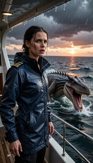 An epic, cinematic photograph taken from the stern of a luxury yacht at sunset. A captain, standing on the rain-swept deck, her face a mixture of shock and determination, stares out at the ocean. In the heat of the moment, she wears a high-end navy blue waterproof technical jacket with braided epaulettes. Her soaked hair is pulled back. She stands on a teak deck, just beside the yacht's cabin. Swimming violently in the deep, turbulent blue-gray waters near the yacht, a colossal and terrifying reptilian monster, its jaws gaping and teeth razor-sharp, leaps from the water in an awe-inspiring jet. The monster's ancient, damp scales gleam. The sky, in a dramatic, stormy sunset, is streaked with dark clouds tinged with orange and purple. The air is thick with sea spray and rain. Dynamic composition, high contrast, cinematic lighting, extreme detail on his technical jacket and the monster's skin, hyperrealistic water physics.