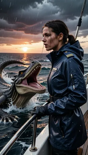 An epic, cinematic photograph taken from the stern of a luxury yacht at sunset. A captain, standing on the rain-swept deck, her face a mixture of shock and determination, stares out at the ocean. In the heat of the moment, she wears a high-end, navy blue waterproof technical jacket with braided epaulettes. Her soaked hair is pulled back, and she grips the steel railing tightly. Swimming violently in the deep, turbulent blue-gray waters just beside the yacht, a colossal, terrifying reptilian monster, its jaws gaping and teeth razor-sharp, leaps from the water in an awe-inspiring jet. The monster's ancient, damp scales gleam. The captain looks in its direction. The sky, in a dramatic, stormy sunset, is streaked with dark clouds tinged with orange and purple. The air is thick with sea spray and rain. Dynamic composition, high contrast, cinematic lighting, extreme detail on his technical jacket and the monster's skin, hyperrealistic water physics.