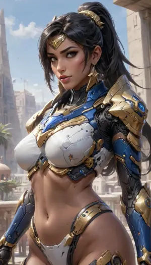 egyptian, (pharah from overwatchin her armor), mecha armor, big breasts, n underboob, ((only lower half of breasts nude and visible)), (detailed iris), (detailed nose), (detailed mouth), long black ponytail, medium breasts, fit Body, eyeliner, gorgeous face, earrings, intricate clothing, Oasis, Portrait, overwatch Comic Style, drawing, painting, Sketch Style, Sketch art, underboob, <lora:Mecha_Ggorgeous_Armor-000011:.2>, <lora:UnderboobXL:1.7>, <lora:aesthetic_anime_v1s:1>