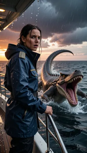 An epic, cinematic photograph taken from the bow of a luxury yacht at sunset. A captain, standing on the rain-swept deck, her face a mixture of shock and determination, stares out at the ocean. In the heat of the moment, she wears a high-end, navy blue waterproof technical jacket with braided epaulettes. Her soaked hair is pulled back, and she grips the steel railing tightly. Swimming violently in the deep, turbulent blue-gray waters just beside the yacht, a colossal, terrifying reptilian monster, its jaws gaping and teeth razor-sharp, leaps from the water in an awe-inspiring burst. The monster's ancient, damp scales gleam. The captain looks in its direction. The sky, in a dramatic, stormy sunset, is streaked with dark clouds tinged with orange and purple. The air is thick with sea spray and rain. Dynamic composition, high contrast, cinematic lighting, extreme detail on his technical jacket and the monster's skin, hyperrealistic water physics.