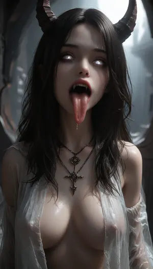 Dark makeup, Cinematic, succubus girl, She's laughing orange innocent eyes, long black hairs, darker background Long horns, medium breasts, Smile, Saliva drips down her chin and onto her pert breasts as she gags and slobbers. wings, 4k epic detail, big_eyes, wet body, (Long sharp tongue), wings, succubus ears, saliva, gagging, slobber, g0th1cxl, glowing, neon, White fangs in the mouth, Big mouth fangs visible, (Side Upper body shot:1.2), (beautiful 24 year old woman:1.2), (joyful facial expression:1.2), (tiny breasts), (nude:1.3), (long black hair over one eye:1.2), (straight long hair:1.2), (long necklace:1.2), large lips, (bright white eyes:1.2), (seductive eyes), (athletic curvy body:1.4), (thick thighs:1.2), (bubble butt), (pale skin:1.2), (black see-through shawl:1.4), (black marble spaceship:1.3), Shiny, Bright, <lora:Midjourney Image Enhancer XL v1:1.2>, <lora:g0th1cXL:2>, <lora:cartoon_stickers_xl_v1:1>, <lora:ratatatat74-000050:1>, <lora:dark:1.7>