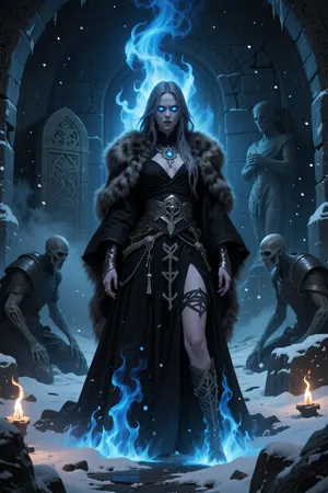 A haunting female warlock who communes with forgotten dead gods buried beneath ancient nordic ruins, standing inside a frozen tomb illuminated by ghostly blue fire.

She has long ash-grey hair, deathly pale skin, and hollow blue eyes glowing faintly in darkness.

She wears layered black ceremonial robes, heavy fur cloaks, silver funeral jewelry, and rune-covered wrappings associated with ancient burial rites.

Ghostly frost gathers unnaturally around her while spectral dead warriors kneel silently in the shadows beyond her.

Ancient stone sarcophagi and broken statues of forgotten gods surround her beneath drifting snow and torch smoke.

Dark nordic fantasy illustration, cinematic blue firelight, atmospheric tomb realism, haunting spiritual atmosphere, painterly textures, highly detailed