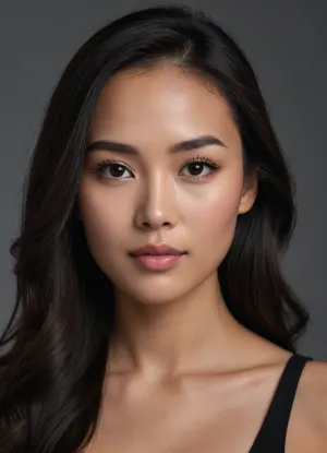 A portrait of a asian woman with symmetrical facial features and warm, golden-tan skin. She has a soft, oval face shape, structured high cheekbones, and a defined jawline. Her eyes are dark brown, almond-shaped, with natural lashes and well-defined, arched, dark eyebrows. She has a straight, elegant nose with a soft bridge and natural highlights. Her lips are full and naturally soft pink with a matte texture. Her hair is deep black, parted cleanly in the middle, flowing down in soft, natural waves past her shoulders, framing her face perfectly. The background is a clean, neutral studio gray. Neutral lighting, hyper-realistic details, 8k resolution.