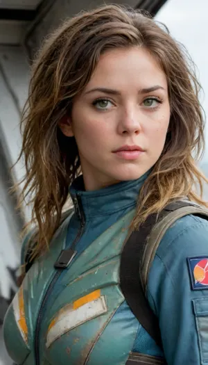 20 years old woman in front of her wrecked spaceship, full body view, her old spacesuite is in tatters and dirty, she stands, body is athletic short and have a sexy chubby look with firm tits, perfect curves, detailed gorgeous face, messy hair, wet body, ((submissive)), ((lovely)), (((wild hair with sidelocks))), (((full body view))), (((high detailed legs))), (((high detailed fingers))), ((very much want have sex)), (love juice:1.4), ((high detailed pores on skin)), well-build body, medium tits, small lips, lots of freckles face and skin, blush on the checks and nose, (raised nasal tip, upturned button nose, upturned nose, delicate nose, nose), hypnotized loving yellow brown eyes, anime style, key visual, intricate detail, highly detailed, breathtaking, vibrant, panoramic, cinematic, Carne Griffiths, Conrad Roset, ghibli, wearing blue uniform, green, eyes, blue, brown, perfecteyes, <lora:PerfectEyesXL:.8>, with, a, army, suit, and, helmet, <lora:StarshipTroopers1024:.8>