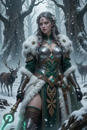 A noble female paladin devoted to ancient nature gods and sacred northern forests, standing within a snow-covered grove of enormous ancient trees.

She has long ash-blonde hair woven with flowers and silver charms, calm green eyes, and pale skin touched by cold northern light.

She wears elegant green and silver nordic armor layered with white furs, embroidered wool, and carved wooden talismans shaped like leaves and branches.

In her hands she carries a rune-engraved spear glowing with soft green divine magic.

Massive ancient trees surround her while spectral elk and wolves move silently through drifting snow and forest mist.

Atmospheric nordic fantasy illustration, mystical winter forest, cinematic lighting, realistic textures, mythological realism, painterly fantasy detail