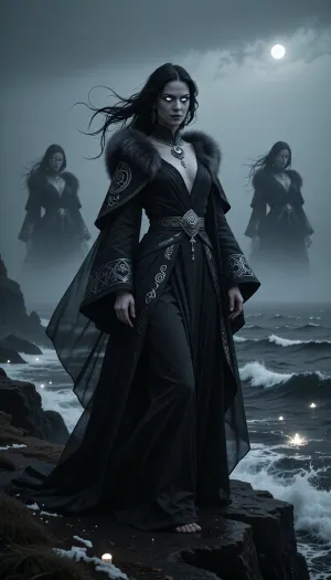 A beautiful but unsettling female illusionist standing upon dark coastal cliffs during a freezing northern fog.

She has long black hair moving unnaturally in the wind, pale skin almost glowing in darkness, and silver eyes filled with hidden amusement and dangerous intelligence.

She wears elegant dark nordic robes layered with flowing veils, silver jewelry, and fur-lined cloaks embroidered with subtle illusion runes.

Ghostly duplicate versions of herself emerge faintly through sea mist while phantom lights drift across crashing black ocean waves behind her.

The atmosphere feels mysterious, seductive, and deeply supernatural.

Dark cinematic nordic fantasy illustration, atmospheric fog and moonlight, realistic textures, mystical illusion aesthetic, painterly realism