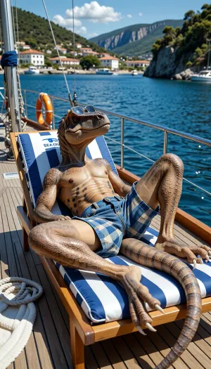A photorealistic, highly detailed photograph capturing a full-bodied Velociraptor actively sunbathing on the wooden teak deck of a luxury sailing yacht. The raptor, meticulously detailed with mottled, scaly brown and tan skin, is comfortably reclined on its back across a plush, blue and white striped deck chair. It is wearing small, plaid-patterned denim cargo bermuda shorts, (blue and beige check), and a pair of vintage aviator sunglasses perched on its snout. The raptor is spread-eagled on the chair, eyes closed, soaking up the bright midday sun. Its clawed feet are extended towards the stern of the boat. The setting is the pristine, well-maintained wooden deck of a sailing yacht, (the "SEA DRAGON" logo is subtly visible on a cushion), . The yacht itself is anchored in a crystal-clear, deep blue Mediterranean bay with rolling green hills, a picturesque coastal town, (white buildings, terracotta roofs), and rugged cliffs under a vibrant, sun-drenched sky with scattered white clouds. The Velociraptor, (approx. 2 meters long), lies relaxed with its tail resting along the edge of the teak deck and the chrome railing. The background shows the sparkling ocean, other blurred yachts, and the lush coastline. The wooden deck features life rings, rigging, a coiled rope, and a towel. The raptor's scaly texture, the denim bermuda shorts, the metal sunglasses, and the aged teak wood are hyper-realistic. The lighting is harsh, natural daylight. The composition captures the raptor, (sharp focus), the yacht details, (chrome, wood, blue water), and the scenic bay. Shot on a Canon EOS R5, f/11, 1/1600s, ISO 400. The water sparkles, the raptor is centered on the sun lounger, totally relaxed with sun-glistened scales. The background coastline is beautifully blurred, (bokeh), . The image has natural film grain and high resolution.