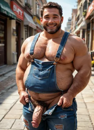 Beefy chubby 25-year-old man, beefy man, brown short hair, brown eyes, brown short beard, hairy body, big pecs, big butt, (big booty:1.5), (chubby body:1.4), big veiny penis, Wearing worn torn overalls denim, smiling shy, pose sexy for the camera, hot teasing picture, solo, sexy hot tease, gay chubby man, stands urban street under heavy sun