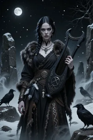 A haunting female bard inspired by raven omens and forbidden songs from norse mythology, standing alone among ancient standing stones beneath a black winter sky.

She has pale skin, long black braided hair, and cold silver-grey eyes filled with unsettling calm. Black ritual paint marks her throat and hands.

She wears layered dark furs and weathered ceremonial robes decorated with raven feathers, bone charms, and ancient runes stitched in silver thread.

In one hand she carries a rune-carved harp made from blackened wood. Ravens gather silently around her as ghostly whispers drift through the freezing fog.

The atmosphere feels ancient, prophetic, and deeply unsettling, as if her songs carry messages from forgotten gods and restless dead.

Dark nordic fantasy illustration, grim atmosphere, cold moonlight, cinematic fog, atmospheric realism, painterly detail, eldritch norse aesthetic