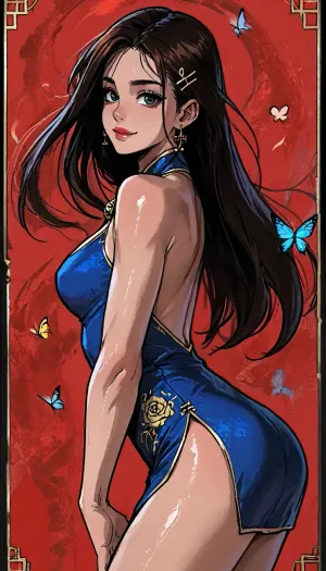 ((Melkor mancin meet markgavatino style)), ((symmetric perfect green eyes)), look at viewer, purple irisdescent, (background psychedelic abstract), (Chinese ethnicity:1.6), muscular small petite, short height, ((Chinese:2), princess in an intricate cheongsam with skirt hem), (portrait pose arched body:1.4), ((plump ass, huge plump cleavage breasts:1)), wet ass, glowing purple flowers butterflies, (reiq style), Score_9, score_8_up, score_7_up, masterpiece, (1woman, 8k resolution, ultra-detailed), solo, ratatatat74, super thick long hair blowing in the wind, hair clips bangles, bright lipstick, bright eyes, <lora:LCMTurboMix_Euler_A_fix:1.1>, <lora:ratatatat74-000050:1.1>, <lora:EnvyAnimeDigitalPaintingXL01:1.1>, <lora:SDXLSamDoesArts:1.1>, wet thighs, rose, butterflies, necklace choker, subtle small smile, soaking wet lace