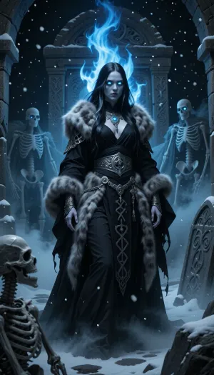 A haunting female necromancer inspired by nordic death rites and forgotten burial cults, standing within an ancient frozen crypt lit by ghostly blue fire.

She has deathly pale skin, long black hair streaked with silver, and hollow icy blue eyes glowing faintly in darkness.

She wears layered black ceremonial robes, silver funeral jewelry, heavy furs, and rune-covered wrappings associated with ancient death magic.

Ghostly spirits and skeletal warriors emerge silently from drifting snow and fog around ancient stone sarcophagi behind her.

The atmosphere feels solemn, ancient, and deeply supernatural rather than grotesque.

Dark nordic fantasy illustration, cinematic blue firelight, atmospheric snowfall and fog, mystical realism, painterly textures, highly detailed