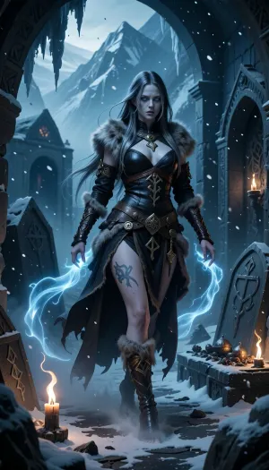 A haunting female rogue wandering ancient burial crypts beneath frozen mountains, guided by whispers from the dead.

She has pale frostbitten skin, long silver-black hair, and hollow blue-grey eyes touched by death and ancient spirits.

She wears dark leather armor layered with worn furs and funeral cloth decorated with old rune symbols and grave charms.

Ghostly spectral energy trails behind her movements while ancient burial treasures glimmer faintly in the darkness around her.

Frozen tombs, broken sarcophagi, and flickering torchlight surround her beneath drifting snow and cold mist.

Dark nordic fantasy illustration, cinematic blue firelight, atmospheric tomb realism, haunted spiritual atmosphere, painterly detail