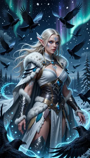 A graceful female ranger surrounded by spectral northern birds and glowing magical spirits beneath aurora-lit skies.

She has long pale blonde hair flowing through icy winds, luminous blue eyes, and delicate rune markings glowing faintly across her skin.

She wears layered white and silver furs, elegant leather armor, and flowing cloaks decorated with feather patterns and celestial nordic symbols.

A swirling flock of spectral ravens and falcons circles protectively around her while magical snow particles drift through the night air.

Frozen forests and glowing northern skies stretch endlessly behind her.

Cinematic nordic fantasy illustration, ethereal atmosphere, atmospheric snow and aurora lighting, mystical realism, painterly textures, highly detailed