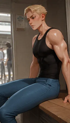 BNHA, (MHA), Hero Prodigy gets a Femboy System, 1boy, Nao Ichijo, age 18, Masculine face, Masculine shoulders, Toned arms, Toned legs, Slender legs, Toned ass, wearing black shirt with blue jeans, His blonde hair so pale it shimmered near silver and his face both sharp and delicate with Black eyes gleamed beneath furrowed brows and His slender frame petite, with just a hint of muscle—strained against the black shirt and slacks clinging to his sweat-damp skin, sitting down outside at a Tokyo bus station, a spark of electricity that came from his fingertips. incase style, (Cartoony), incase, style, <lora:bimboxl_02:.5>, <lora:Incase_Style__SDXL:.4>