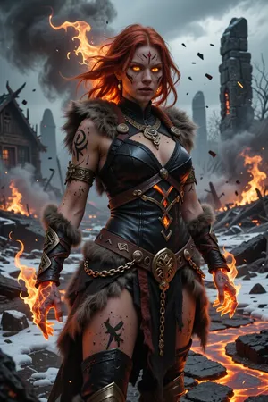 A fierce female warlock empowered by a primordial fire giant lord from the realms of Ragnarok, standing amidst burning ruins beneath a smoke-filled northern sky.

She has wild fiery red hair, glowing ember-like eyes, and soot-covered skin marked with burning rune scars.

She wears blackened leather armor, scorched furs, bronze war ornaments, and heavy chains engraved with symbols of destruction and conquest.

Hellish fire erupts from her hands while molten cracks spread through frozen ground around her.

Burning longhouses and shattered stone monuments glow through smoke and falling ash in the background.

Epic nordic fantasy illustration, cinematic firelight, realistic ember and smoke effects, apocalyptic atmosphere, mythological realism, painterly detail