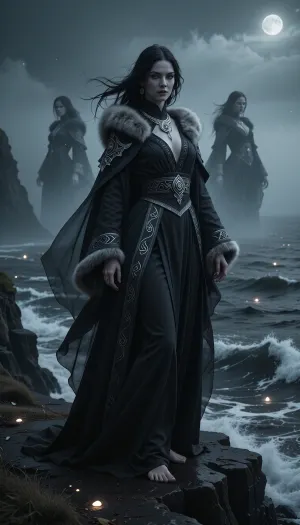 A beautiful but unsettling female illusionist standing upon dark coastal cliffs during a freezing northern fog.

She has long black hair moving unnaturally in the wind, pale skin almost glowing in darkness, and silver eyes filled with hidden amusement and dangerous intelligence.

She wears elegant dark nordic robes layered with flowing veils, silver jewelry, and fur-lined cloaks embroidered with subtle illusion runes.

Ghostly duplicate versions of herself emerge faintly through sea mist while phantom lights drift across crashing black ocean waves behind her.

The atmosphere feels mysterious, seductive, and deeply supernatural.

Dark cinematic nordic fantasy illustration, atmospheric fog and moonlight, realistic textures, mystical illusion aesthetic, painterly realism