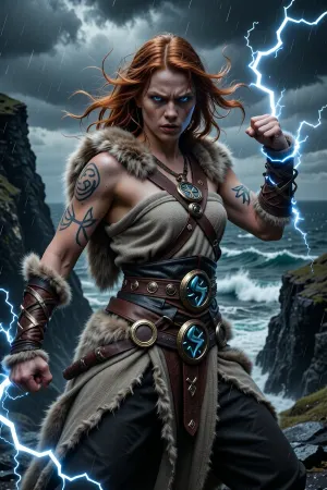 Scandinavian woman.

A fierce female monk channeling the divine fury of northern storms, standing at the center of a thunderstorm atop black coastal cliffs.

She has wild copper-red hair whipping through the wind, glowing blue eyes crackling with lightning, and muscular scarred arms covered in glowing runic markings.

She wears simple layered wool and leather garments reinforced with bronze rings and storm god symbols. Heavy fur hangs from her shoulders.

Lightning arcs around her clenched fists as thunder tears through the skies overhead. Waves crash violently against jagged cliffs below.

The atmosphere feels primal, divine, and overwhelming.

Epic nordic fantasy illustration, cinematic storm lighting, realistic weather effects, dynamic martial stance, mythological realism, high detail