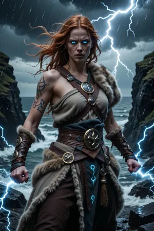 Scandinavian woman.

A fierce female monk channeling the divine fury of northern storms, standing at the center of a thunderstorm atop black coastal cliffs.

She has wild copper-red hair whipping through the wind, glowing blue eyes crackling with lightning, and muscular scarred arms covered in glowing runic markings.

She wears simple layered wool and leather garments reinforced with bronze rings and storm god symbols. Heavy fur hangs from her shoulders.

Lightning arcs around her clenched fists as thunder tears through the skies overhead. Waves crash violently against jagged cliffs below.

The atmosphere feels primal, divine, and overwhelming.

Epic nordic fantasy illustration, cinematic storm lighting, realistic weather effects, dynamic martial stance, mythological realism, high detail