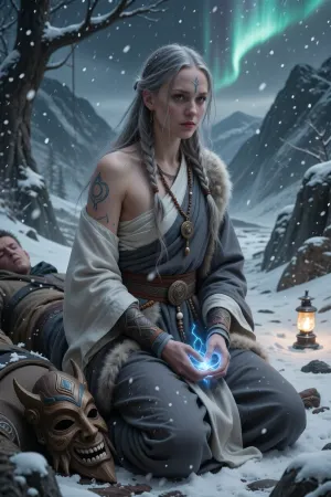 A solemn female monk devoted to healing, balance, and ancient nordic spiritual traditions, kneeling beside wounded travelers during a winter storm.

She has long ash-blonde hair, soft grey eyes filled with compassion, and pale skin marked by delicate blue rune tattoos associated with protection and healing.

She wears layered grey and white robes beneath simple fur-lined garments suitable for harsh northern climates. Small carved charms and prayer beads hang from her belt.

A ceremonial wooden mask rests at her side while faint blue spiritual energy glows from her hands.

Snow falls gently across a remote mountain path illuminated by lantern light and distant auroras.

Atmospheric nordic fantasy illustration, soft winter lighting, spiritual realism, cinematic snowfall, painterly textures, calm sacred atmosphere